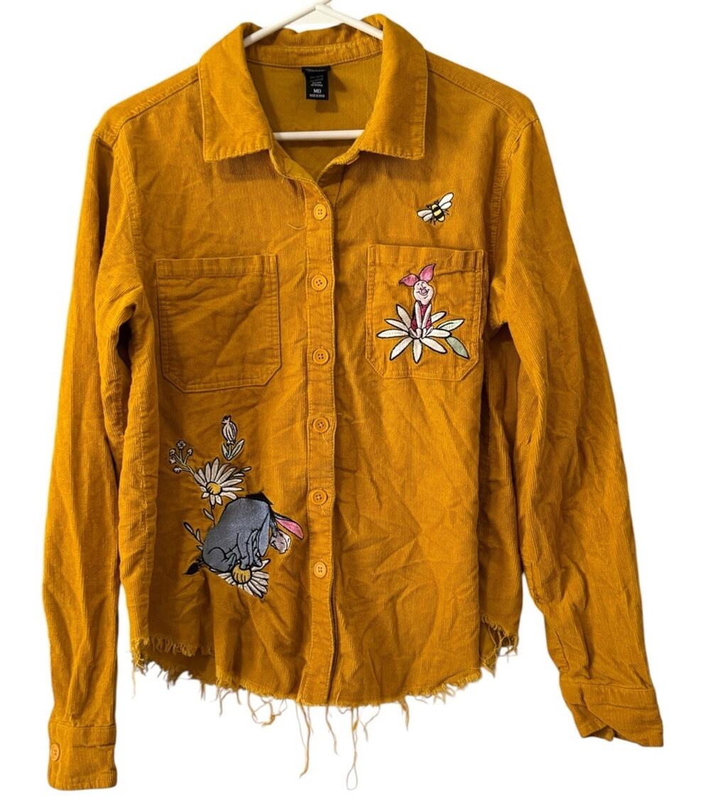 Disney Our Universe Sz MD Yellow Corduroy Button-Up Shirt Embroidered Pooh Pals